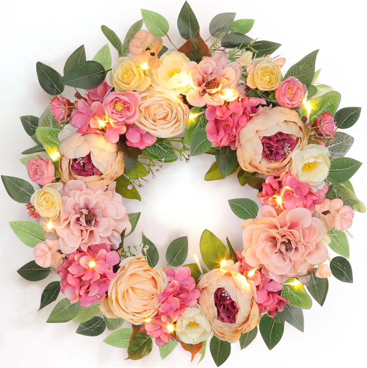 Peony Floral Wreath 22" Spring Wreaths for Front Door & Lights Timer Large Pink Peonies